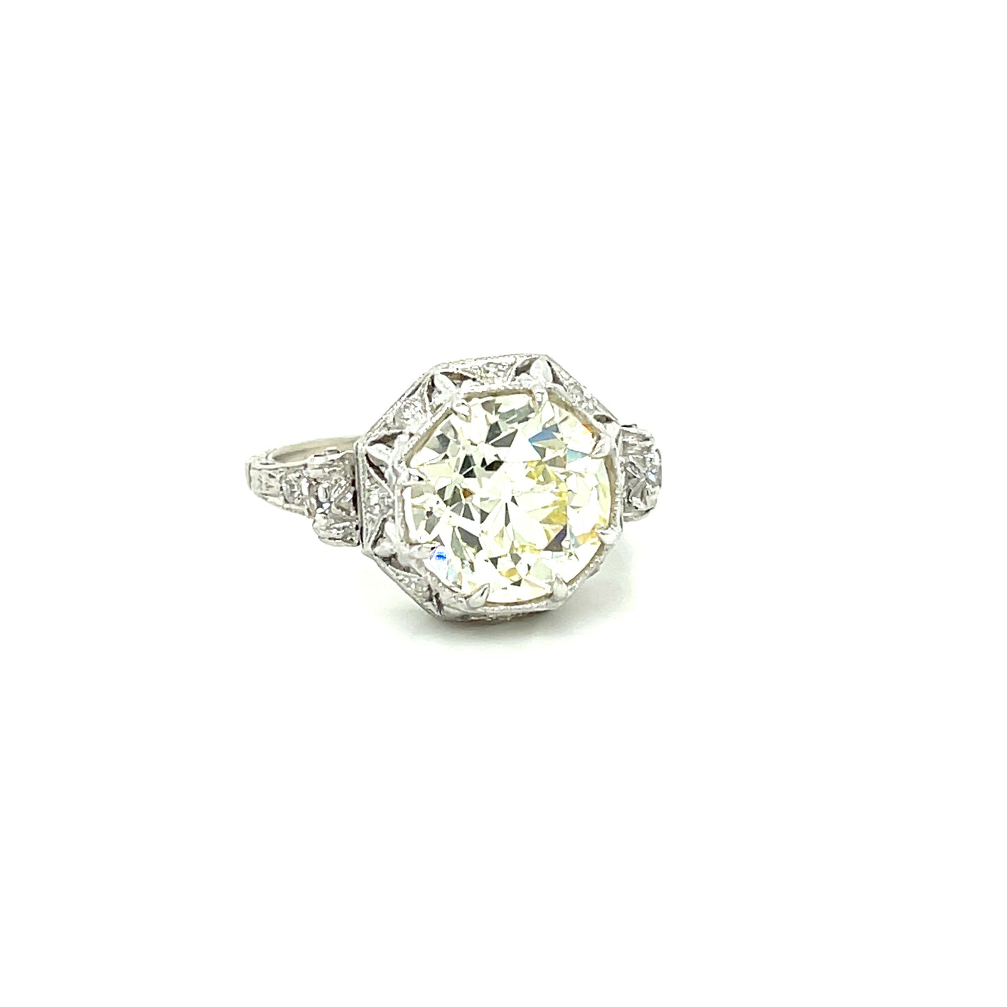 Art Deco 3.81ct GIA Q-R VS2 Old European Cut Diamond .20ct SD (10 Stones) Platinum Vintage Ring (Circa 1920s)