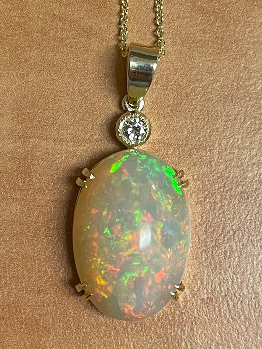 14.42ct Ethiopian Raised Opal .20ct Diamond 14KY Modern Handmade 14KY Pendant
