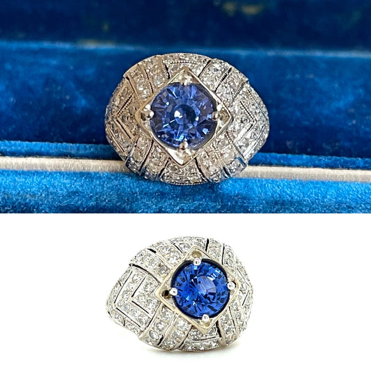 Art Deco 1.78ct Blue Sapphire .80ct Single Cut Diamonds (80 Stones) Platinum/14KY Vintage Bombe Ring (Circa 1930s)