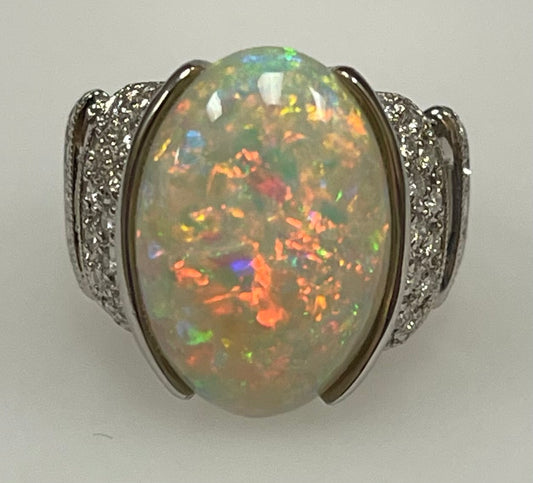 6.90ct Australian Fire Opal .60ct Diamond Platinum Ring 7 Size 13.20gr