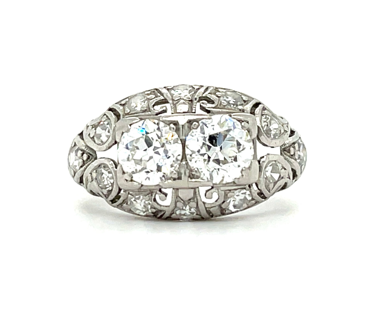 .80ct Two Old European Diamonds .36ct Side Diamonds Platinum Art Deco Circa 1920s Antique Two Stone Ring