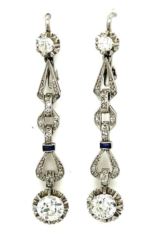 .85ct Old European Center Diamonds .40ct Side Diamonds Platinum+14K All Original Art Deco Vintage Earrings (Circa 1930s) 1.50 Length 5.80gr