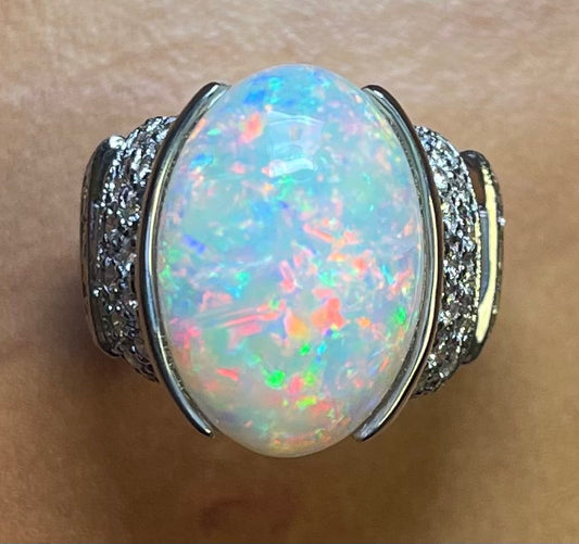 6.90ct Australian Fire Opal .60ct Diamond Platinum Ring 7 Size 13.20gr