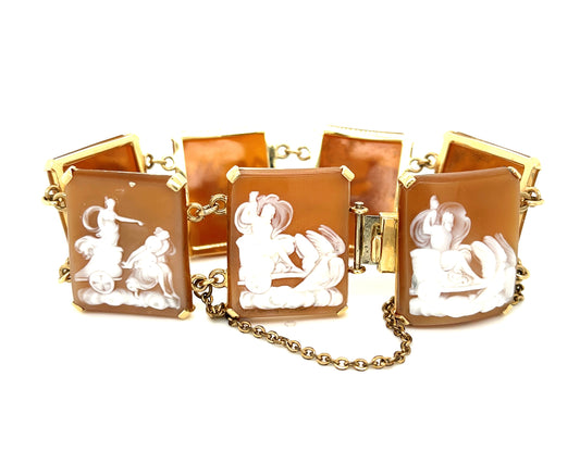 Custom Carved Cameo Depicting Roman Weekly Calendar 14KY Vintage Bracelet (Circa 1950s)