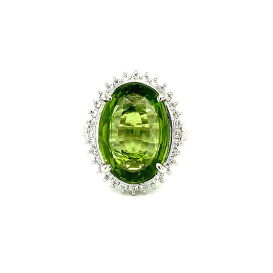 9.87ct Peridot .46ct Diamond Platinum Vintage Ring (Circa 1970s)