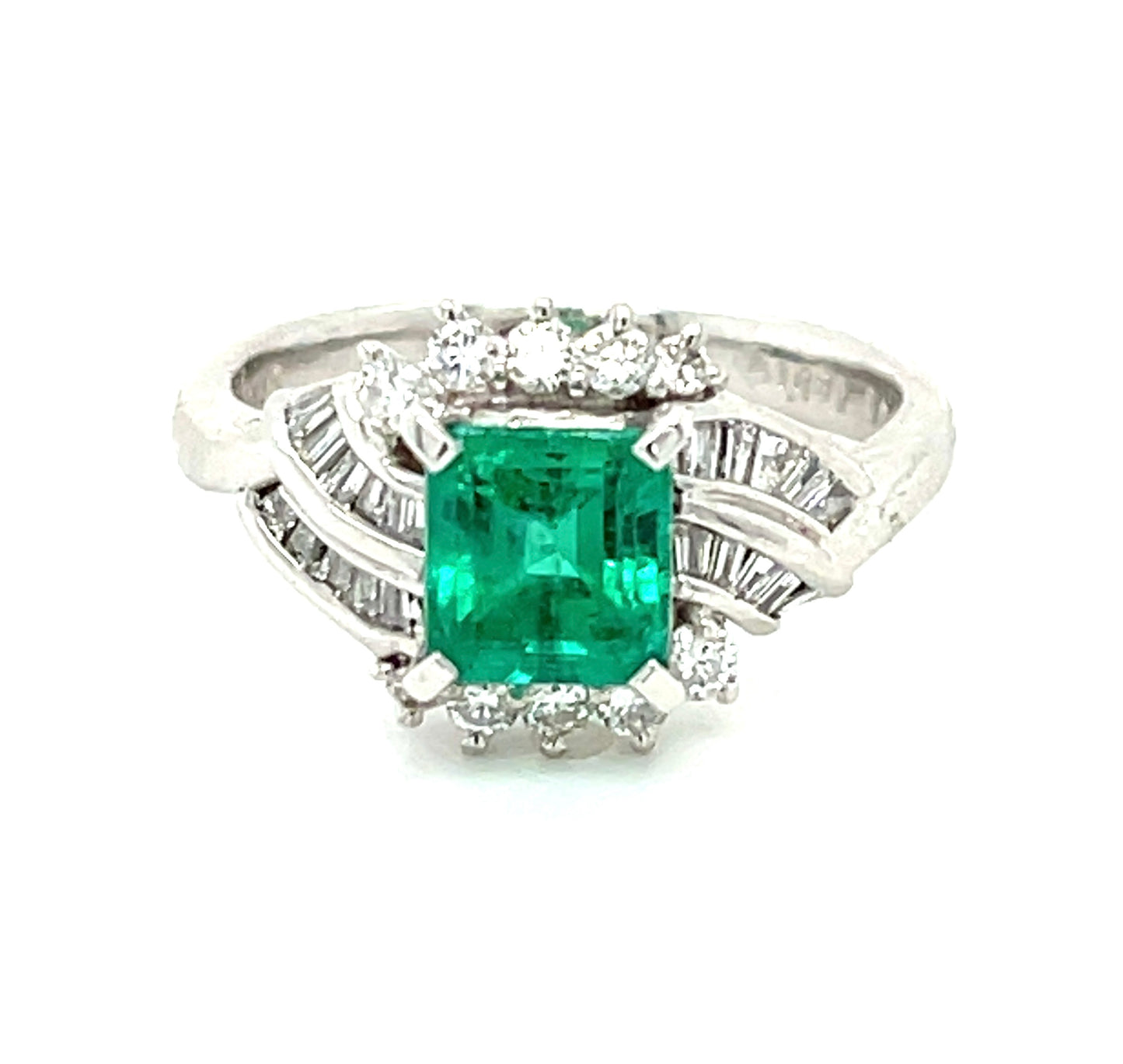 1.08ct Emerald .41ct Diamond PT 1970s Ring