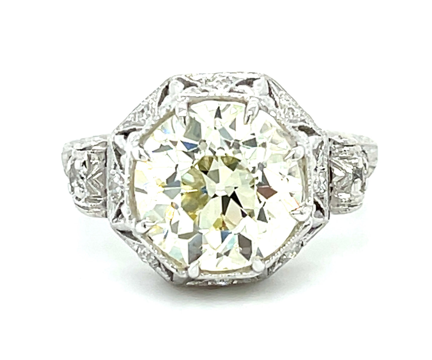 Art Deco 3.81ct GIA Q-R VS2 Old European Cut Diamond .20ct SD (10 Stones) Platinum Vintage Ring (Circa 1920s)