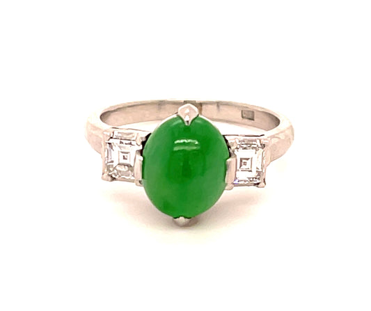 1.50ct GIA Natural A Jadeite Jade .44ct Diamond Platinum Art Deco Ring (Circa 1930s)