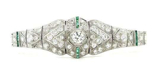 .45ct Old European Diamond 5.50ct Side Diamond Emeralds Platinum Art Deco 1920s Bracelet