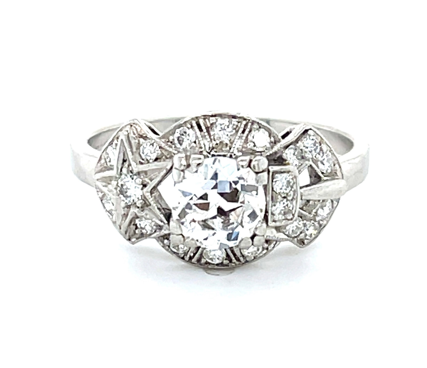 .74ct Old European cut Diamond .30ct Side Diamonds Platinum Art Deco Ring (Circa 1920)