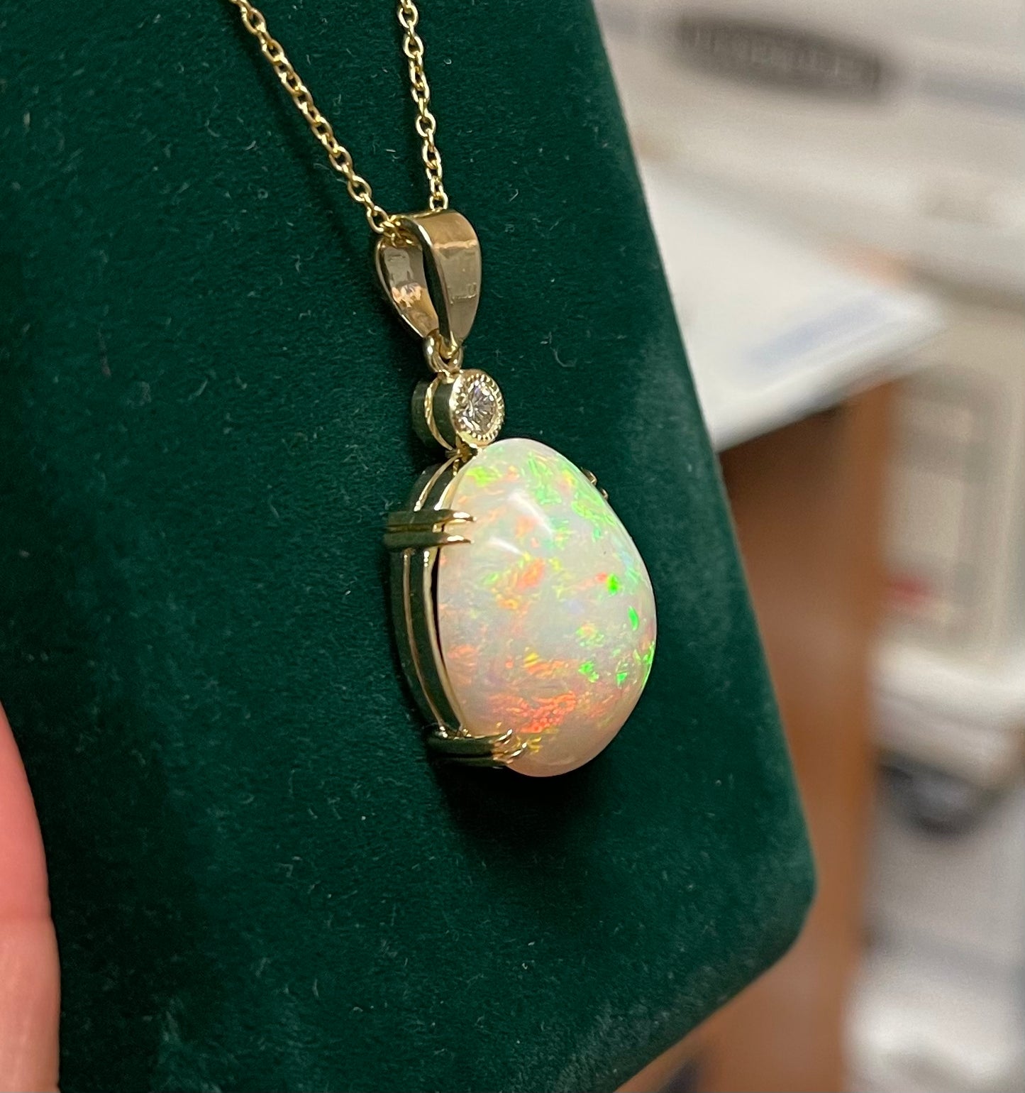 13.34ct Ethiopian Opal (Raised Surface) .20ct Diamond Near Colorless VS Clarity 14KY Handmade Pendant