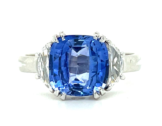 3.20ct Ceylon Sapphire .46ct Half Moon Diamond Platinum Ring 6.50 Size 5.50gr