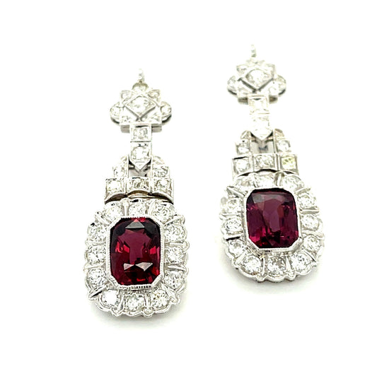 5.66ct Spinel 2ct Diamond 18KW Art Deco Vintage Drop Earrings (Circa 1930s) 8gr