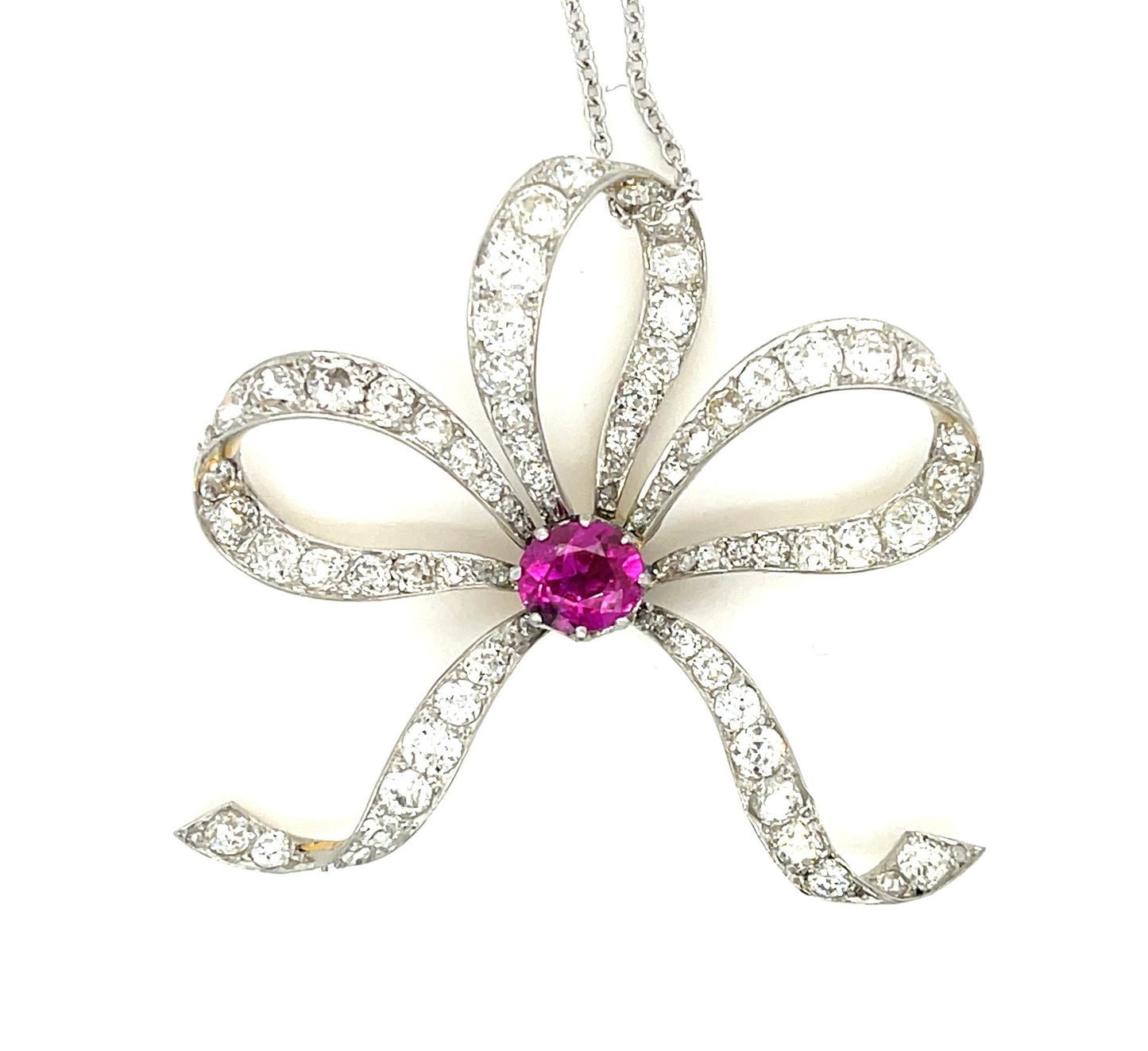 1.02ct Ruby 4ct Diamond (73 Stones) Platinum over 18KY Edwardian Antique Pendant (Circa 1910) 13.20gr 14K Chain 16in