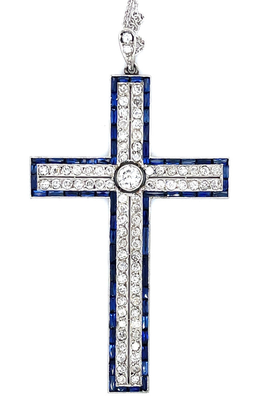 Art Deco Diamond & Dazzling Sapphire Cross/Pendant