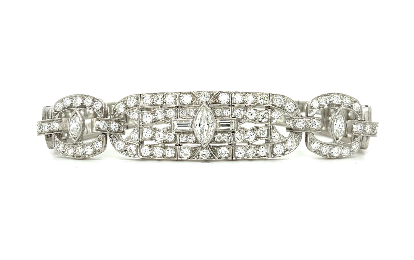 .90ct Marquise Diamonds (Three Stones) 8.50ct SD Platinum Art Deco Antique Bracelet (Circa 1920s) 7in 27.30gr Width 9/16"