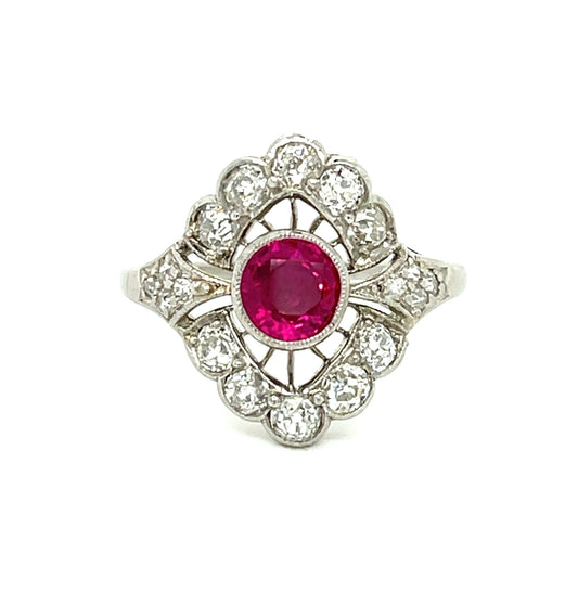 Art Deco (Circa 1920s) .92ct Burma Ruby 1.20ct Diamond Platinum Antique Ring