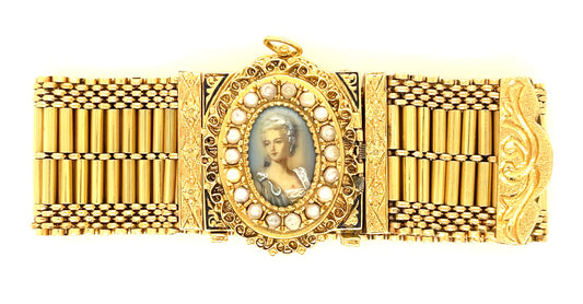 14K Gold Enamel, Seed Pearl and Cameo Bracelet/Watch