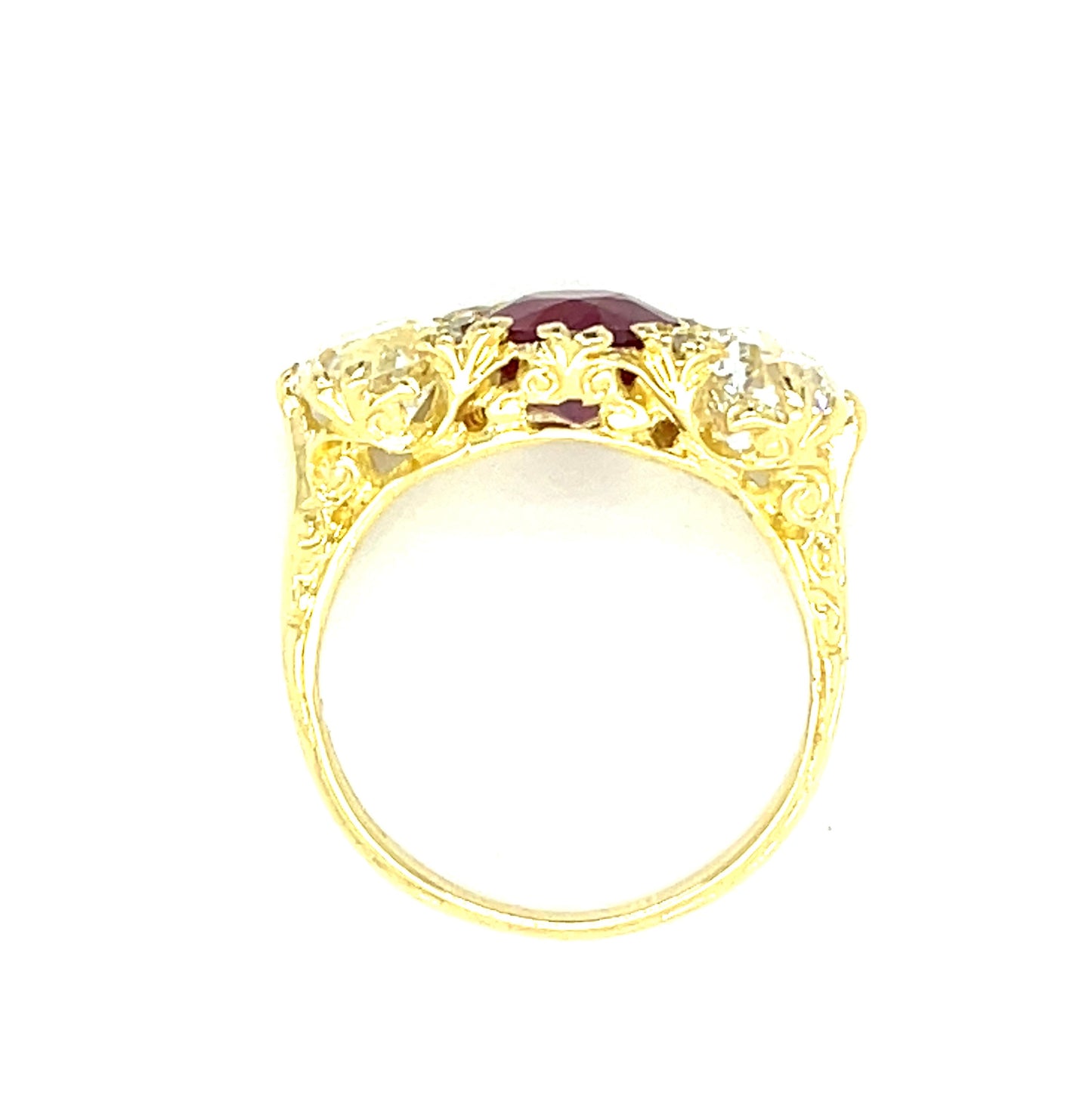 Victorian English 1.78ct GIA Burma Minor Heat Ruby .91ct GIA K SI2 Old European Cut Diamond .97ct GIA I SI1 Old European Cut Diamond 18KY Antique Ring (Circa 1900)