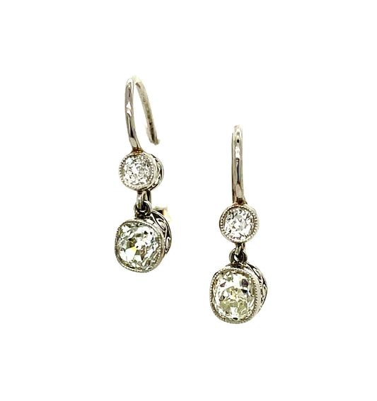 1.14ct Antique Cushion Cut Center Diamonds .30ct Side Diamonds Platinum/18KY Drop Earrings