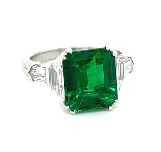 3.82ct GIA Zambian F2 Emerald .90ct Trapezoid Diamonds .30ct Bullet Diamonds Platinum Ring 6.7g 5.75 Size