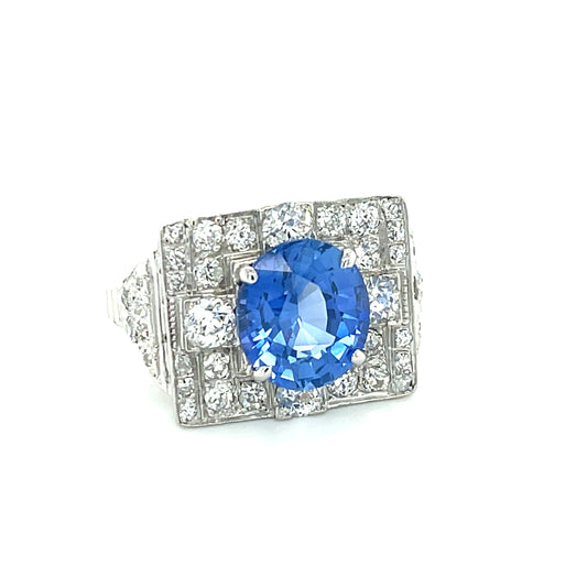 Art Deco 4.22ct Ceylon Sapphire (No Cert) 1.40ct Diamonds Platinum Ring (Circa 1920s)