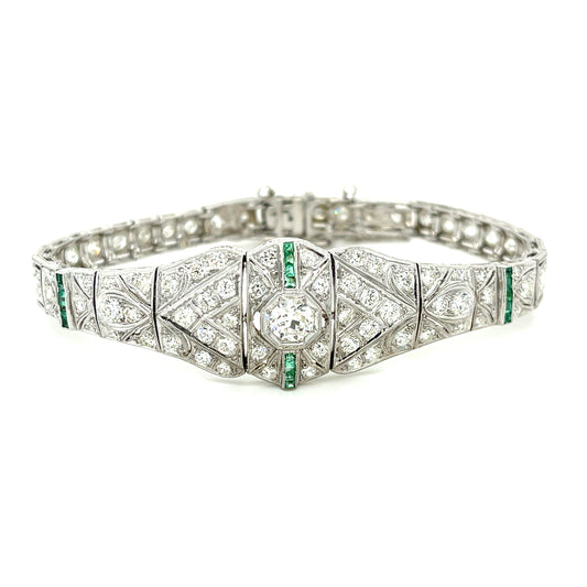 .45ct Old European Diamond 5.50ct Side Diamond Emeralds Platinum Art Deco 1920s Bracelet