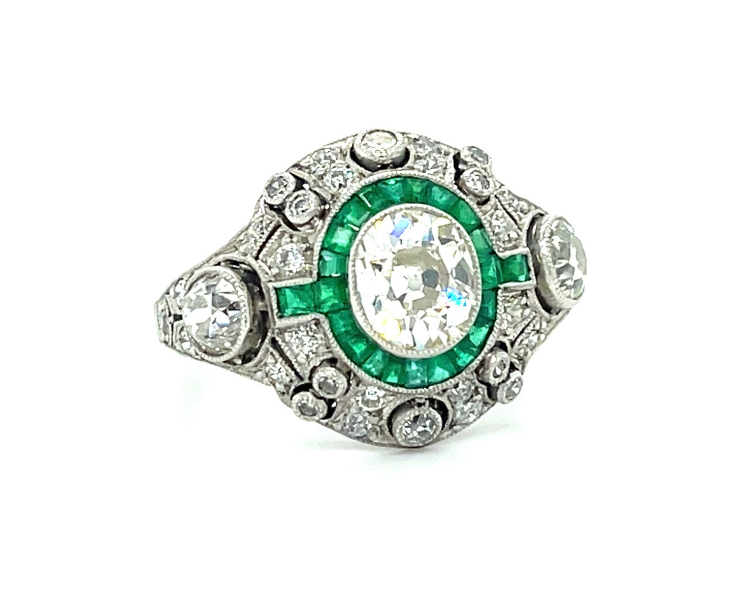 1.04ct Old Mine Cut Diamond 1.30ct Emeralds (22 Stones) 1.50ct SD (18 Stones) Platinum Ring