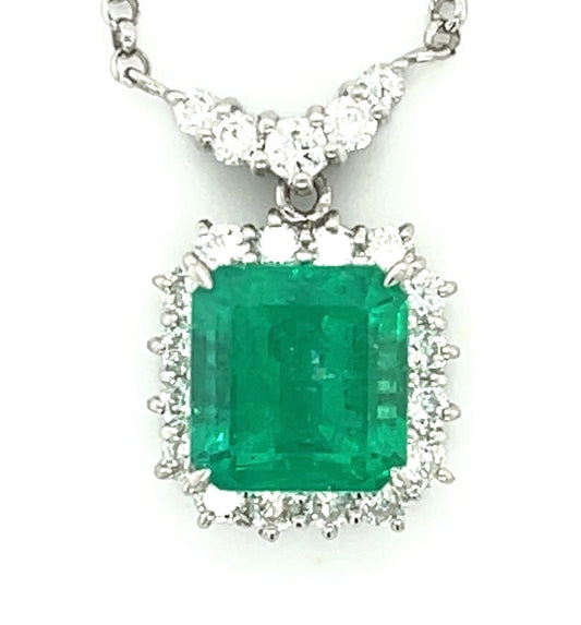 3.48ct Colombian Emerald .95ct Diamond Platinum Estate Pendant (Circa 1970s) 18 Length 7.80gr