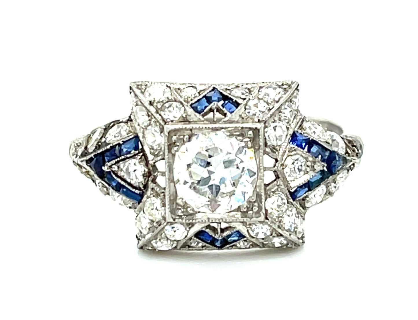 .80ct Old European Cut Diamond .80ct Calibre Sapphires 1ct Side Diamonds (40 Stones) Platinum Art Deco Ring (Circa 1920s)