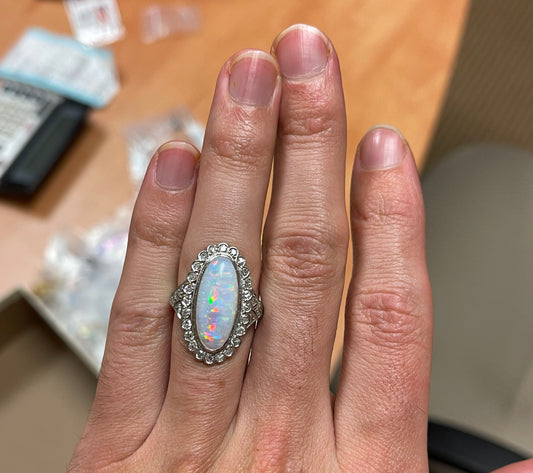 Art Deco 6.50ct Australian Opal .90ct Diamond (30 Stones) PT Vintage Ring (Circa 1930s)