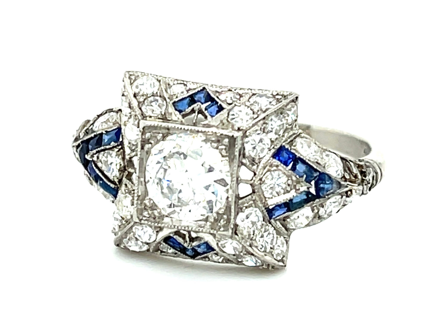 .80ct Old European Cut Diamond .80ct Calibre Sapphires 1ct Side Diamonds (40 Stones) Platinum Art Deco Ring (Circa 1920s)