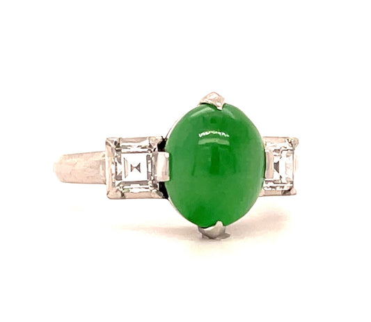 1.50ct GIA Natural A Jadeite Jade .44ct Diamond Platinum Art Deco Ring (Circa 1930s)