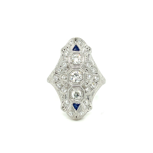 Art Deco (Circa 1920s) .54ct Old European Cut Diamonds (Three Stones) .80ct SD (Twenty Stones) Platinum Antique Ring