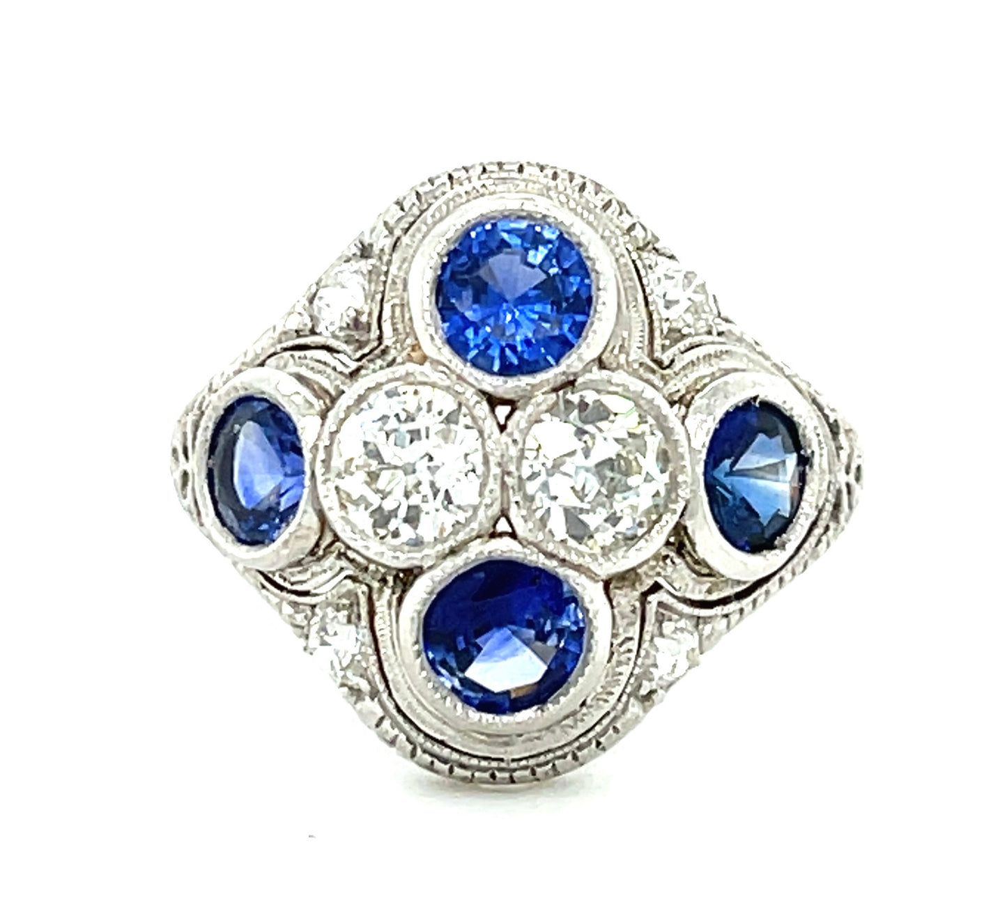 .44ct GIA I SI1 Old European Cut Diamond .43ct GIA I VS2 Old Euro Diamond 2.10ct Sapphires Platinum Antique Art Deco Ring (Circa 1920s) 7 Size