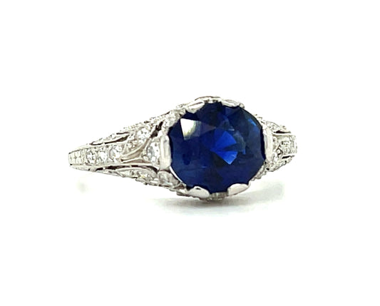 Art Deco 2.55ct Royal Blue Sapphire .45ct Diamonds Platinum Antique Ring (Circa 1920s)