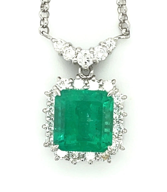 3.48ct Colombian Emerald .95ct Diamond Platinum Estate Pendant (Circa 1970s) 18 Length 7.80gr