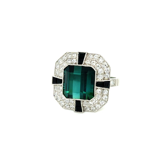 6.07ct Green/Blue Tourmaline .91ct Old European Cut Diamond & Onyx Platinum Ring