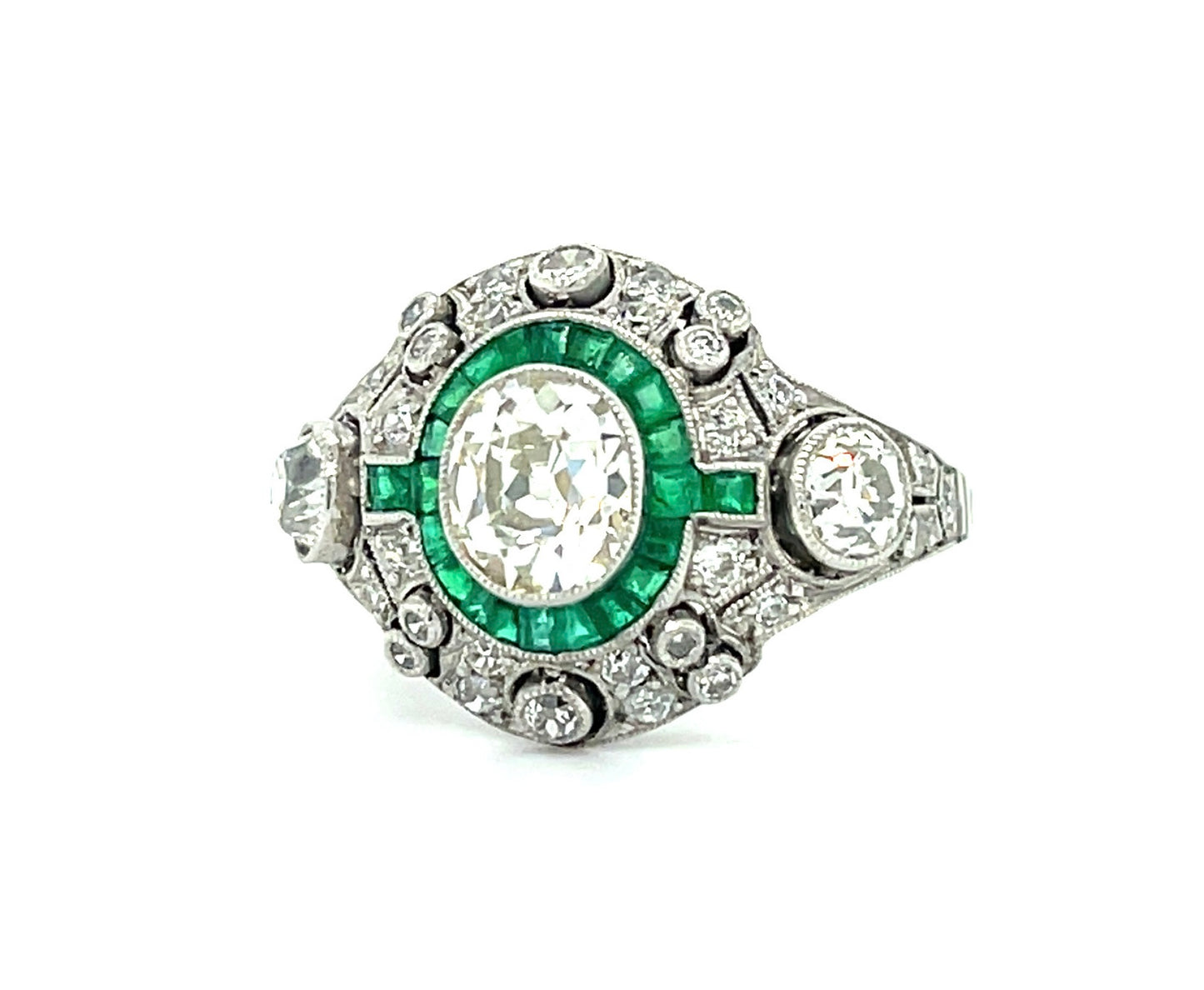 1.04ct Old Mine Cut Diamond 1.30ct Emeralds (22 Stones) 1.50ct SD (18 Stones) Platinum Ring