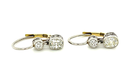 1.14ct Antique Cushion Cut Center Diamonds .30ct Side Diamonds Platinum/18KY Drop Earrings