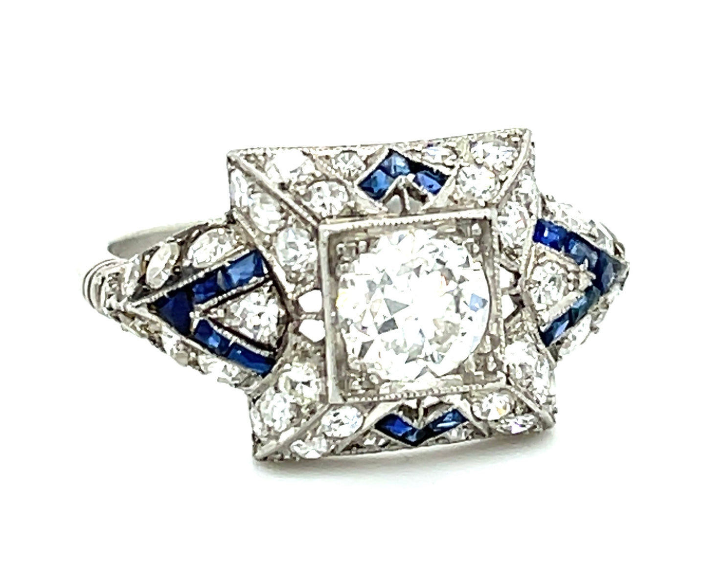 .80ct Old European Cut Diamond .80ct Calibre Sapphires 1ct Side Diamonds (40 Stones) Platinum Art Deco Ring (Circa 1920s)