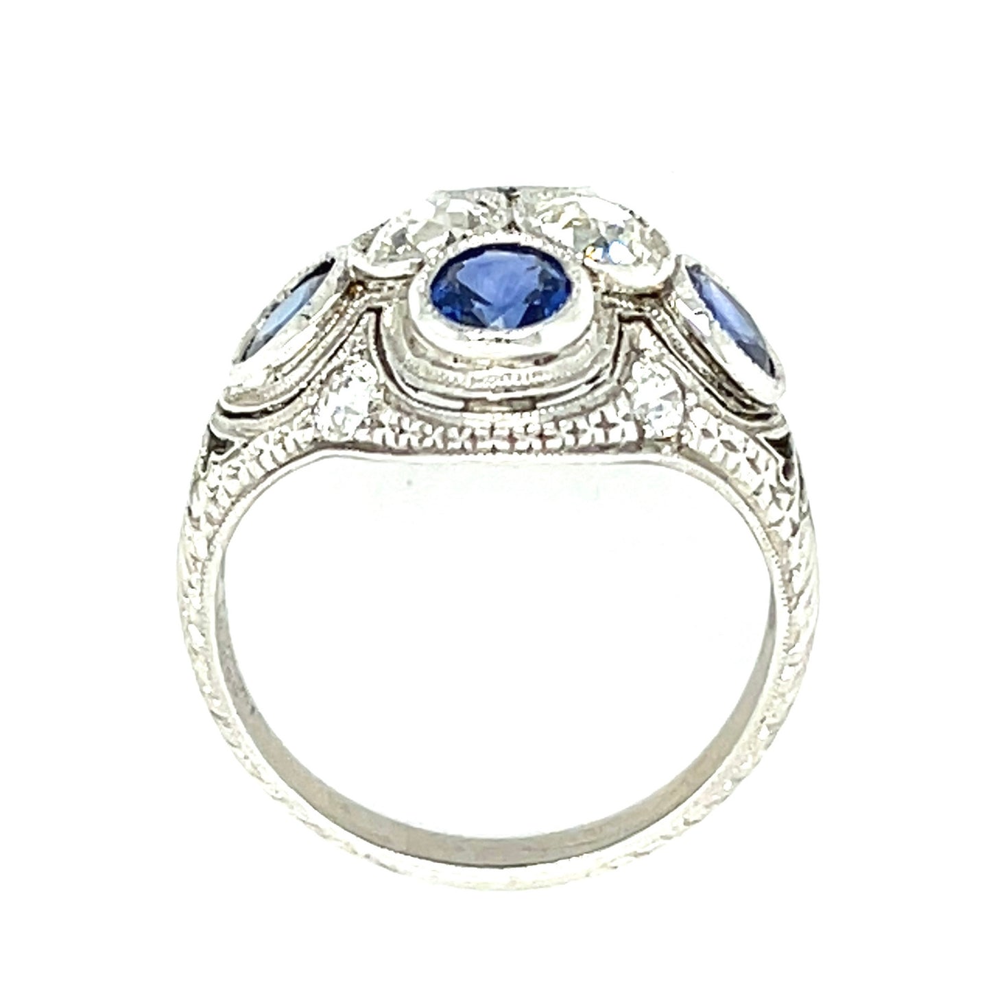 .44ct GIA I SI1 Old European Cut Diamond .43ct GIA I VS2 Old Euro Diamond 2.10ct Sapphires Platinum Antique Art Deco Ring (Circa 1920s) 7 Size