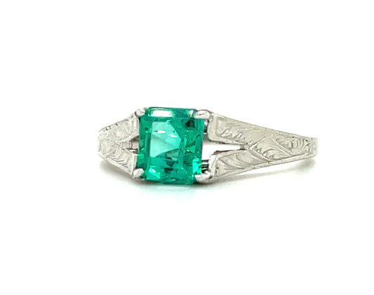 Art Deco .88ct Gemmy Colombian Emerald Platinum Antique Ring (Circa 1920s)