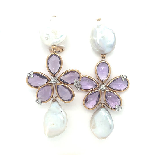 Designer Omega Amethyst Pearl Drop Earrings