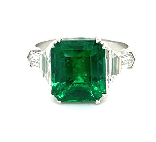 3.82ct GIA Zambian F2 Emerald .90ct Trapezoid Diamonds .30ct Bullet Diamonds Platinum Ring 6.7g 5.75 Size
