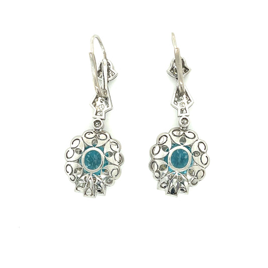 8.41ct Zircon (Cambolite) 4.10ct Old European cut and Baguette Diamonds Platinum Art Deco Drop Earrings (Circa 1930s)