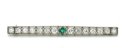 Art Deco (Circa 1920s) .20ct Emerald 1.85ct Old European Cut Diamonds (14 Stones) Antique Platinum Line Brooch