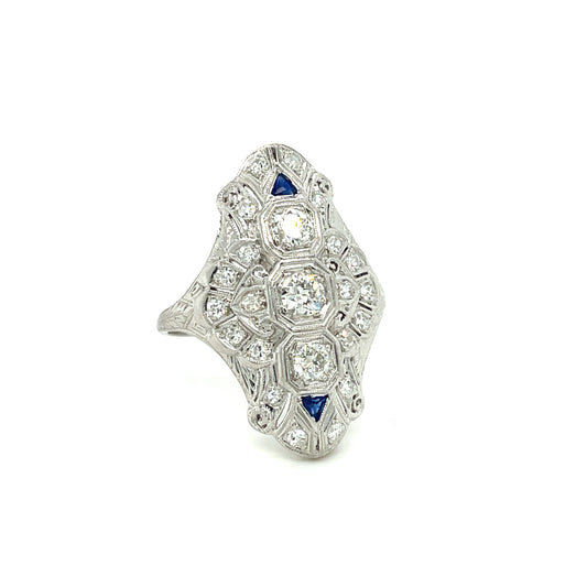 Art Deco (Circa 1920s) .54ct Old European Cut Diamonds (Three Stones) .80ct SD (Twenty Stones) Platinum Antique Ring