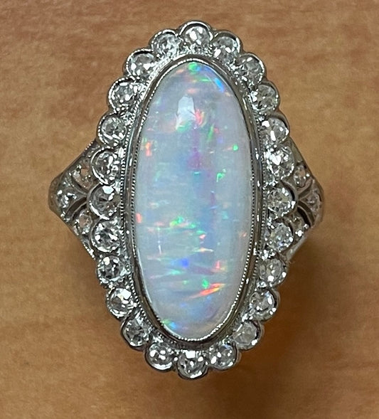 Art Deco 6.50ct Australian Opal .90ct Diamond (30 Stones) PT Vintage Ring (Circa 1930s)