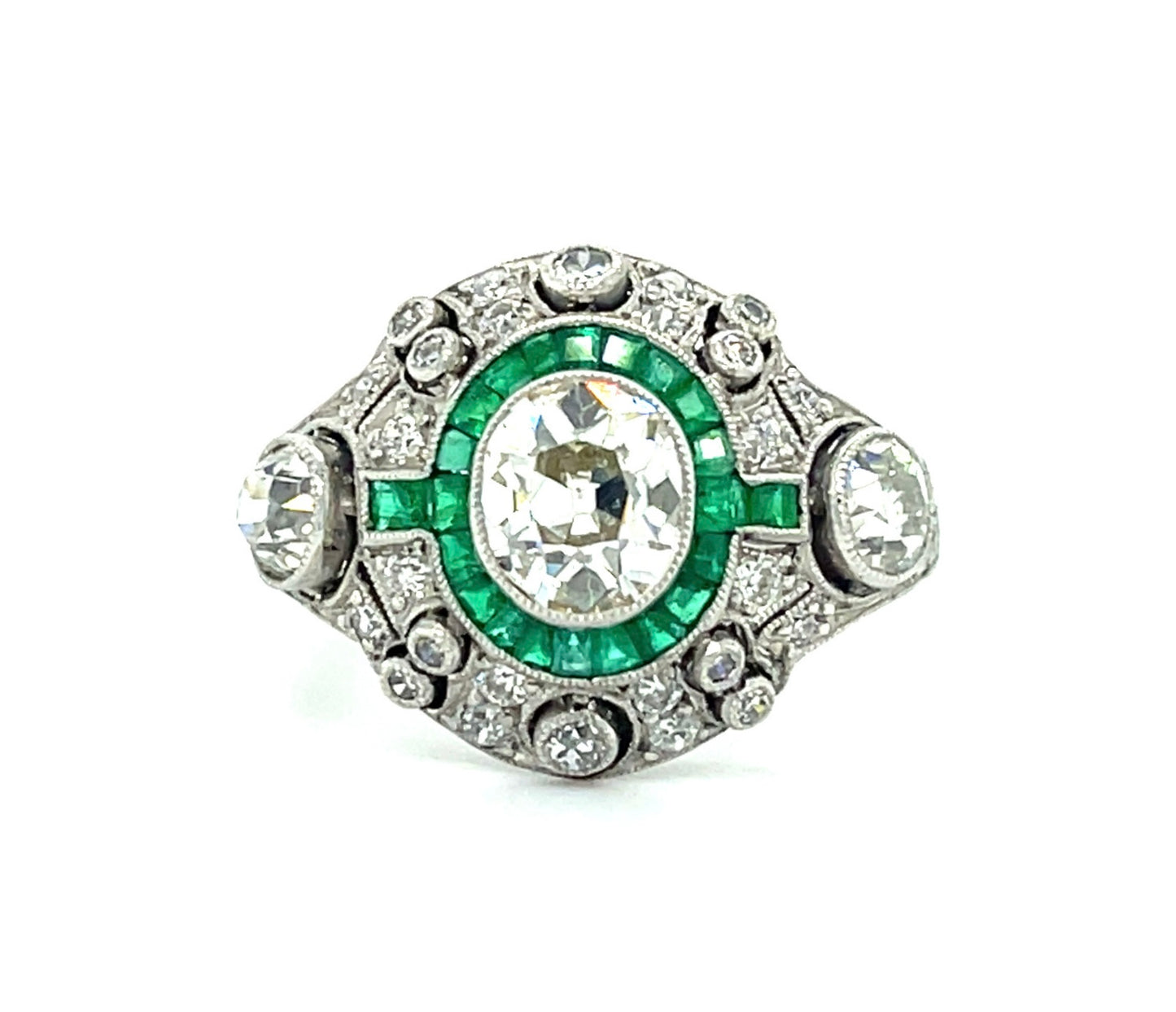 1.04ct Old Mine Cut Diamond 1.30ct Emeralds (22 Stones) 1.50ct SD (18 Stones) Platinum Ring